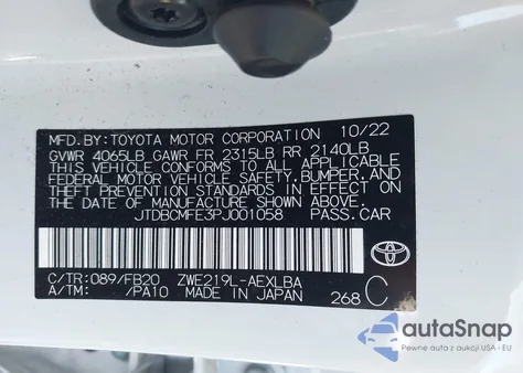 2023 Toyota Corolla Hybrid Le z USA, uszkodzony, nr VIN JTDBCMFE3PJ001058